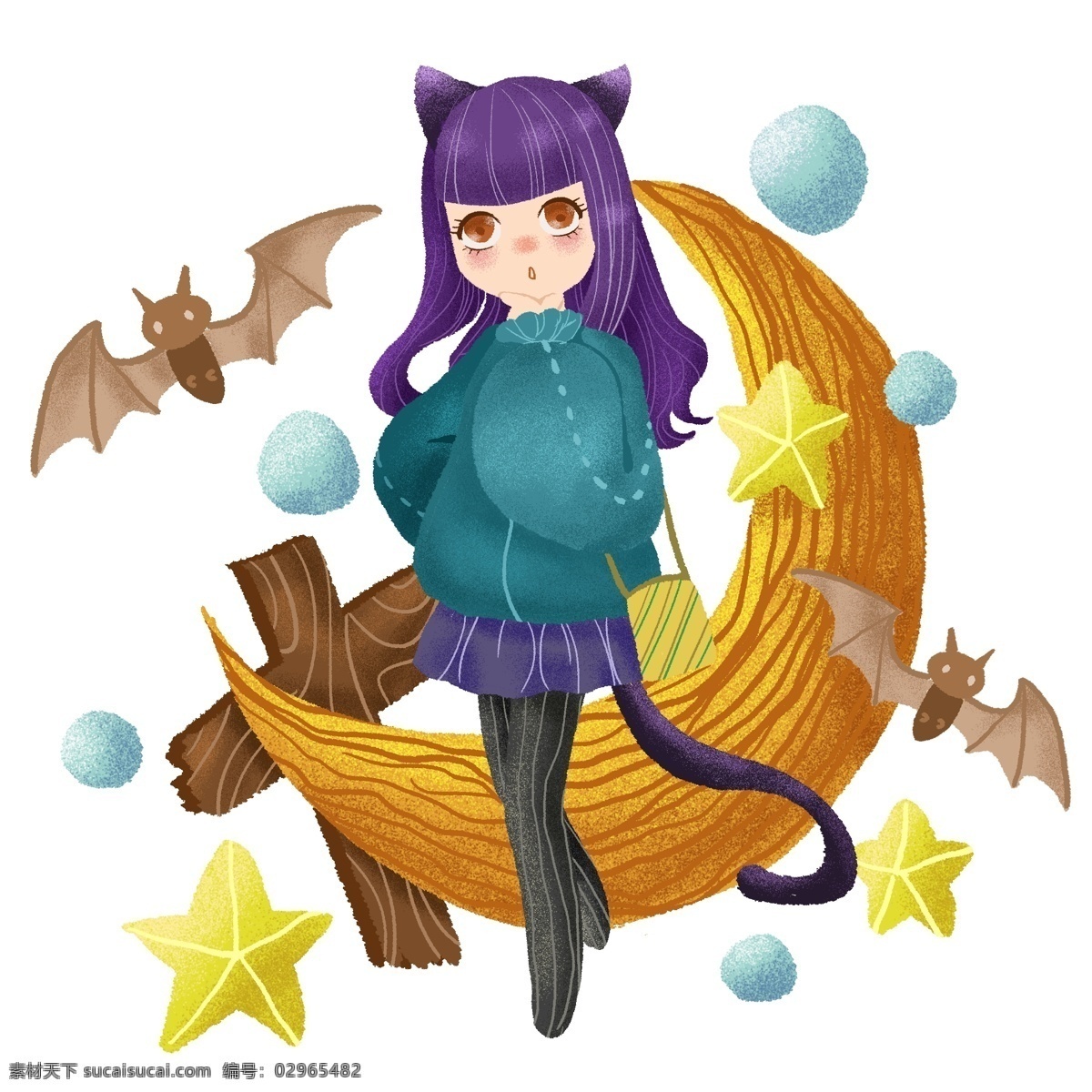 手绘 可爱 猫 妖 女郎 诡异 万圣节 猫妖 蝙蝠 卡通 灵异 十字架 万圣 女孩 小女孩 少女