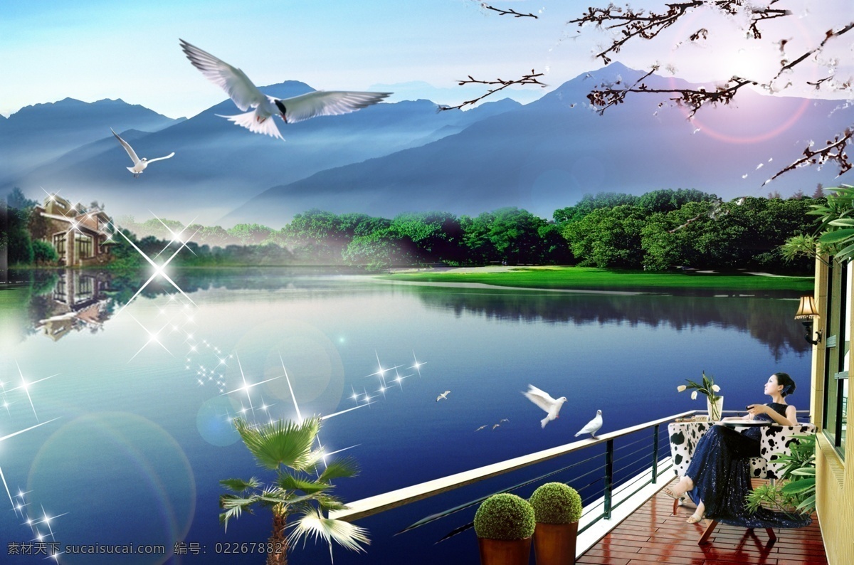 地产 广告 分层 图 阳光 峡谷 湖水 湖 远景树林 阳台 栏杆 鸟 楼宇 楼 美女 源文件 房地产广告 广告设计模板