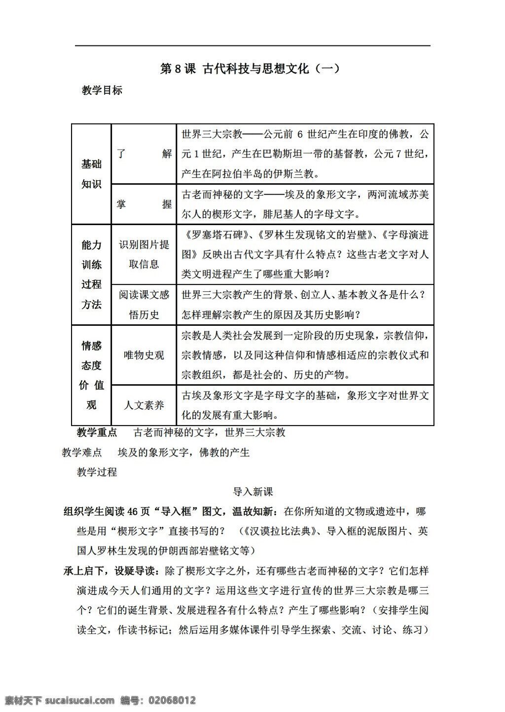 九 年级 上册 历史 比赛 教案 示例 课 古代科技 思想 文化 人教版 九年级上册