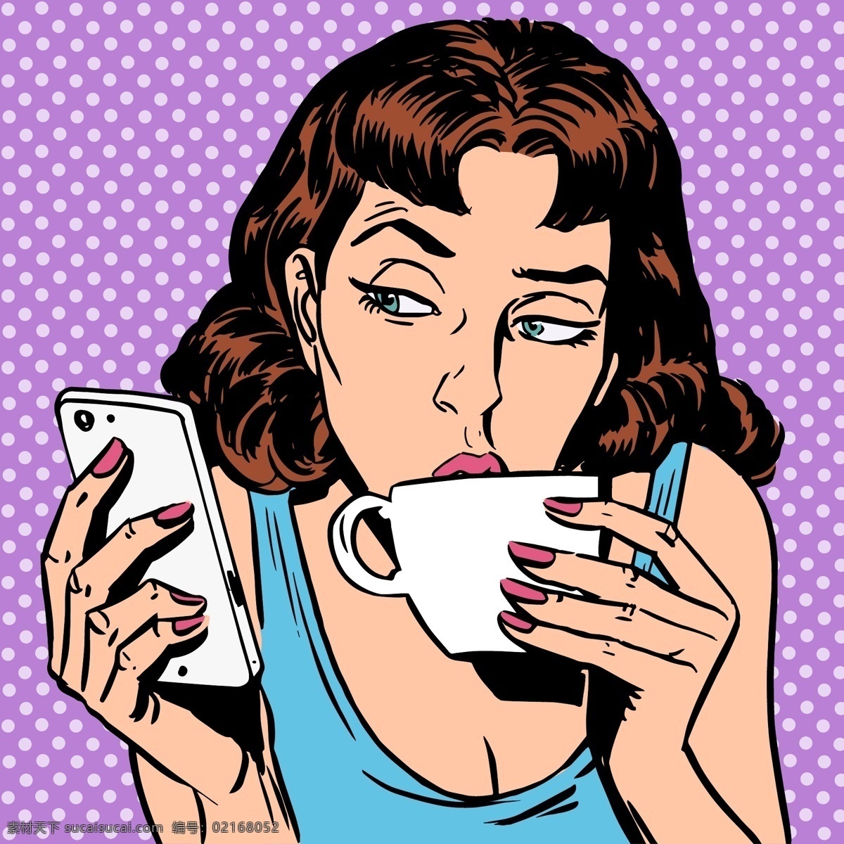 喝咖啡的女人 看手机 漫画 商务 女人 喝咖啡