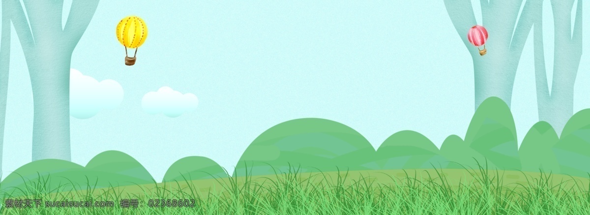 春夏 旅游 banner 气球 草地 树木 天空 蓝色 清新