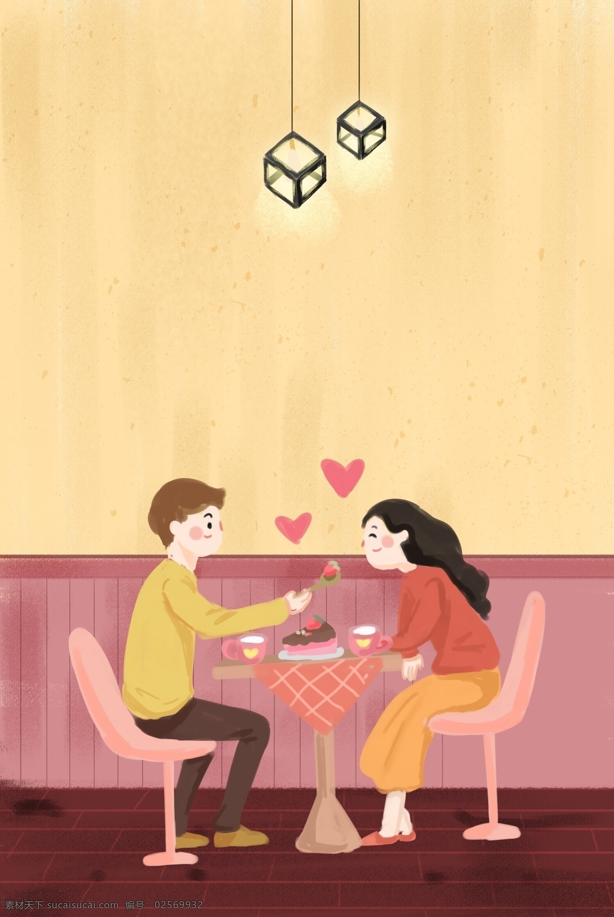 情人节 甜品 店 约会 情侣 插画 海报 食物 温馨 室内 插画风 促销海报