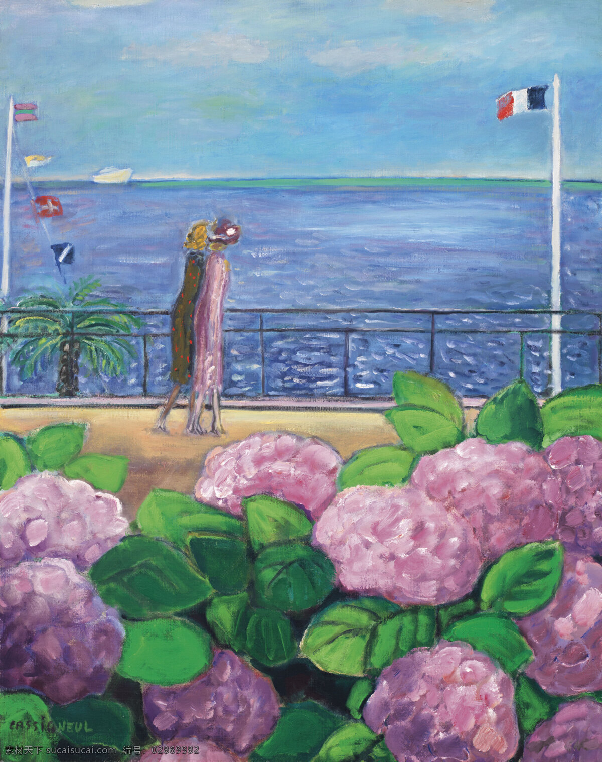 皮埃尔 西格尼尔作品 法国画家 风和日丽 日子 平静的海面 拉克罗塞特 城市 两位美女 观景 绣球花丛 现代油画 油画 文化艺术 绘画书法