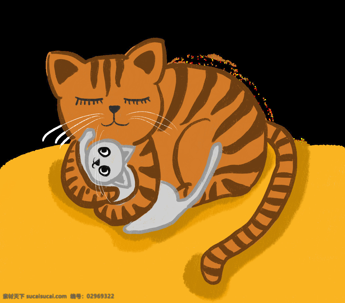 猫咪 妈妈 孩子 免 扣 场景 图 橘猫 小猫 萌系 可爱 治愈 卡通 手绘 插画 黄色 暖色 育儿 母婴 幼儿园 教育