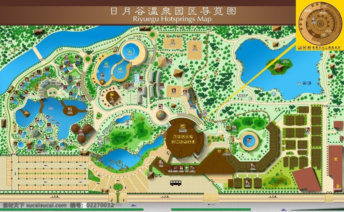 园区导览图 园林素材 树木 水 停车场 小车 温泉 石板温泉 沙滩排球 素材池 中药池 分层 源文件库