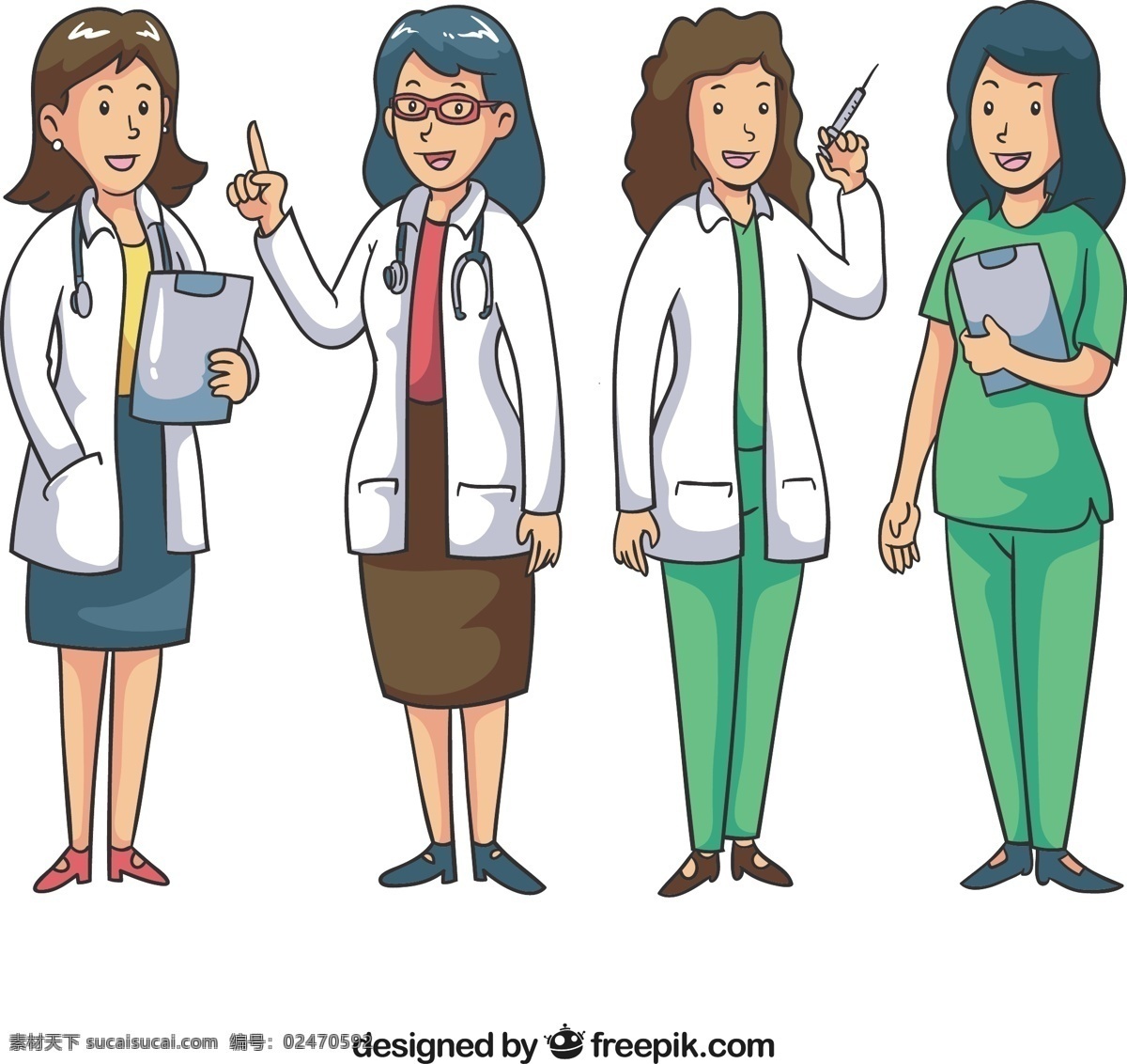 一群 带 笑容 女 医生 工作 手 医疗 卡通 手绘 健康 科学 微笑 快乐 医院 文件夹 眼镜 医药 绘画 白色 笑脸 药房 有趣 护士