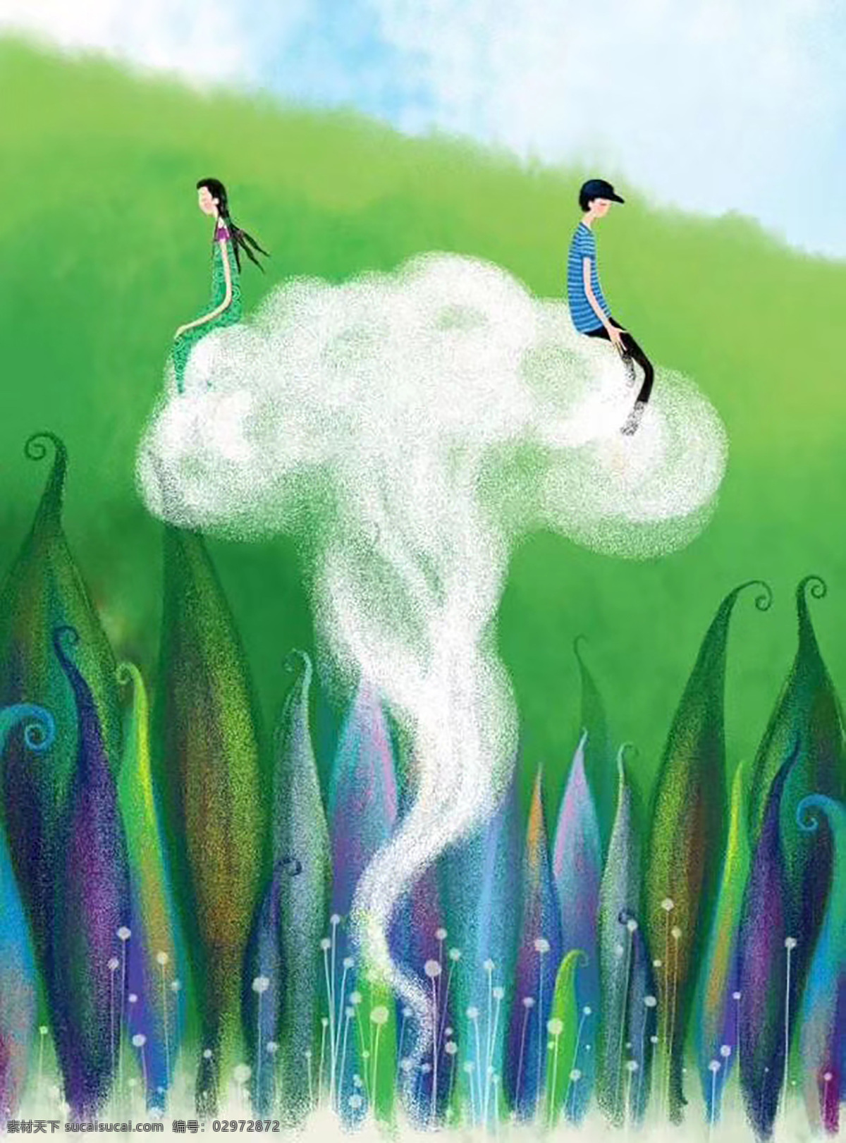 插画 白云 情人节 520 创意 草坪 动漫动画 动漫人物