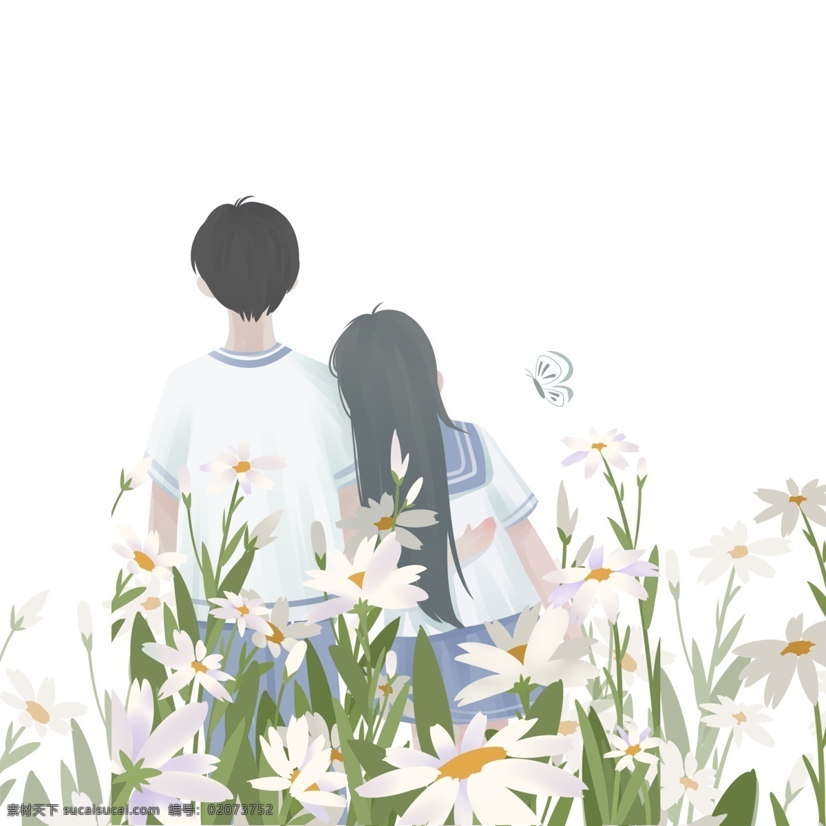 花丛 中 情侣 图案 元素 人物 浪漫 背影 设计元素 手绘 元素设计 创意元素 手绘元素 psd元素