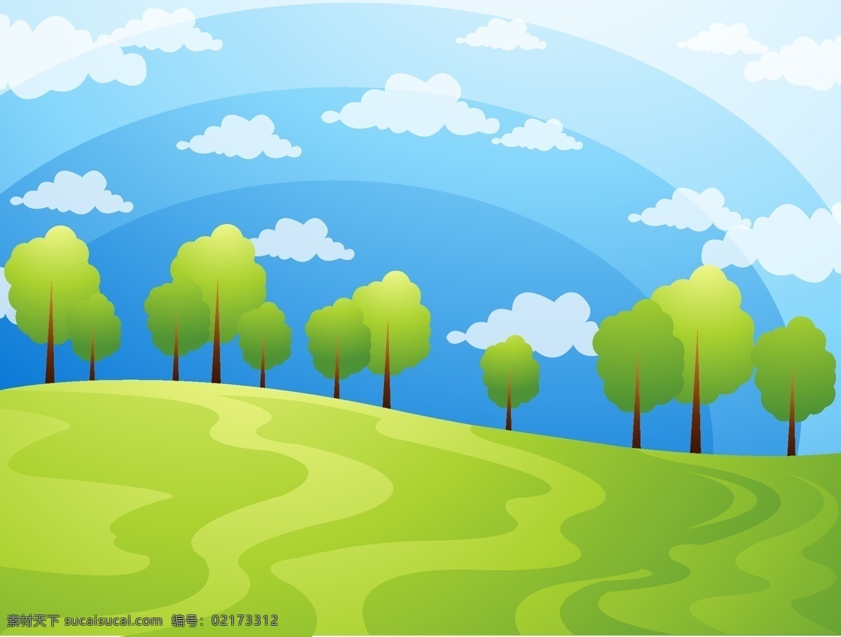 自然 美景 插画 儿童插画 风景插画 卡通画 蓝天白云 绿色草坪 矢量图 树木 自然风景 风光美景