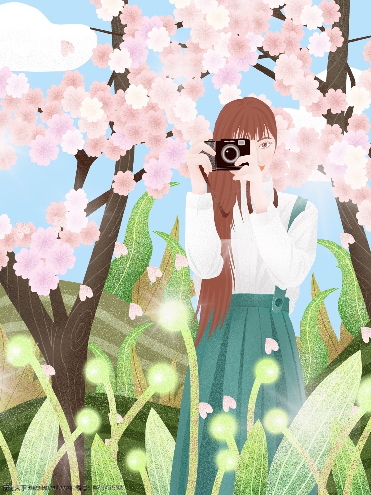 扁平 小 清新 旅游 樱花树 拍照 文艺 女孩 原创 插画 小清新 樱花 可爱