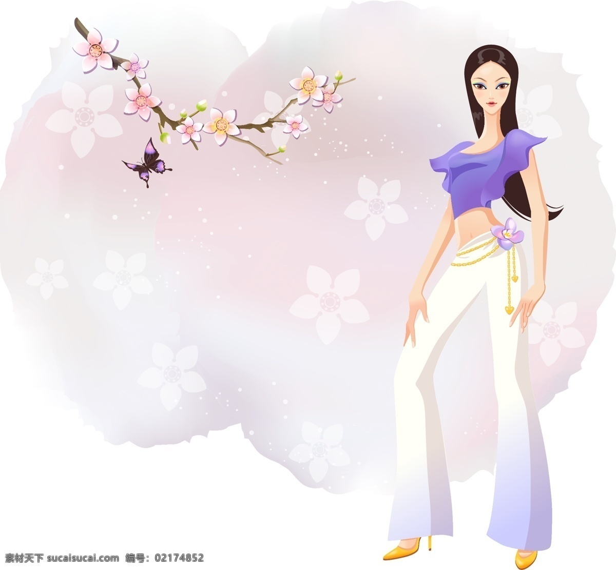时尚 美女 矢量 花朵 花纹 长发 白色