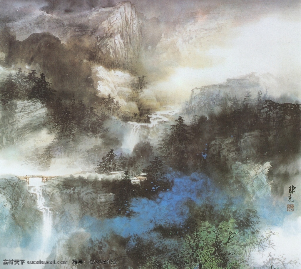 陈亮山水画 陈亮 艺娃艺术 国画 写意 重彩 山水 泼彩 大气 意境 世外桃源 云 山石 瀑布 水 树 中国 名家 高清 画 文化艺术 绘画书法
