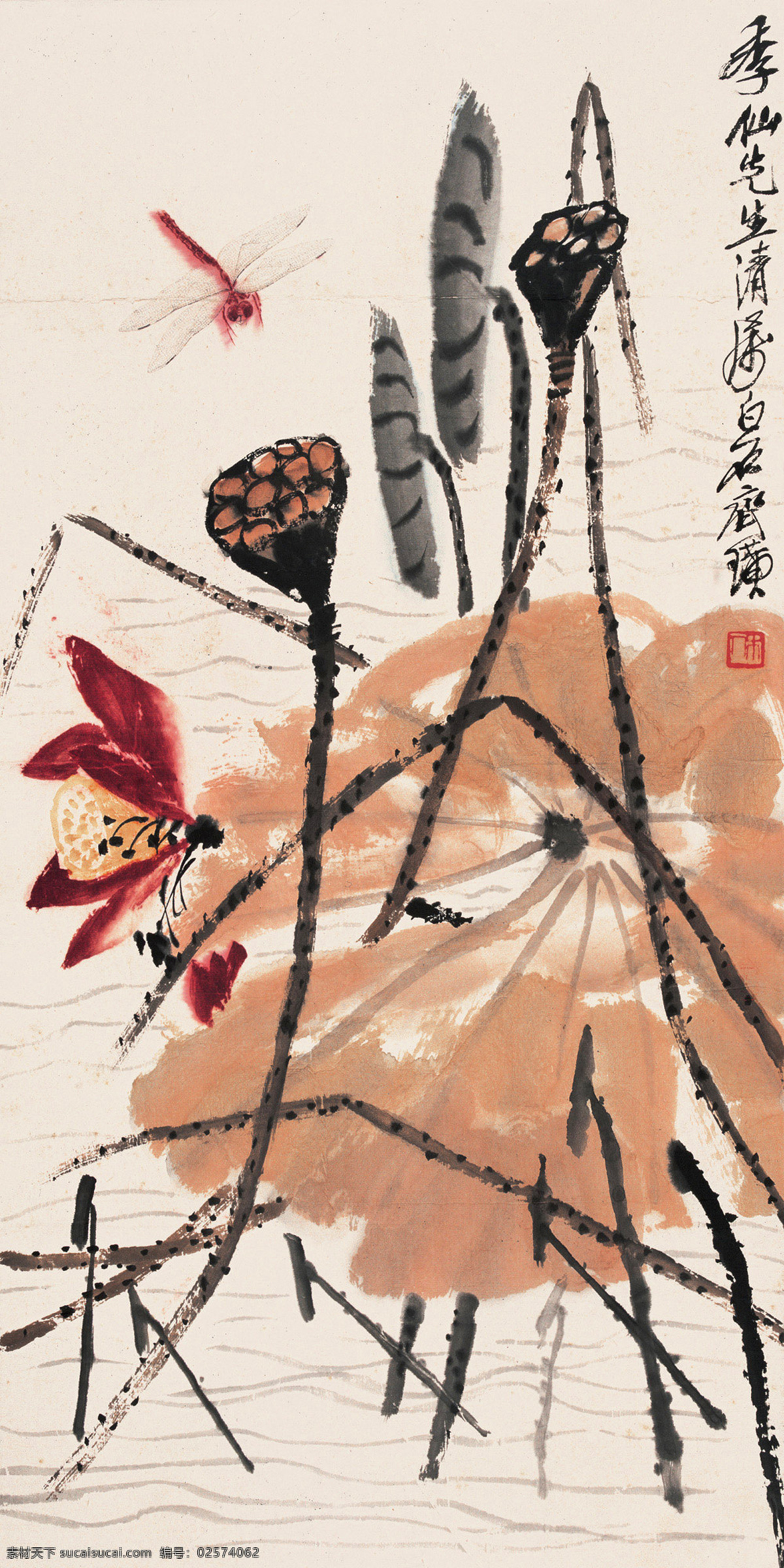 荷花蜻蜓 国画 齐白石 蜻蜓 荷花 荷韵 红荷 绘画书法 文化艺术 花卉 草虫
