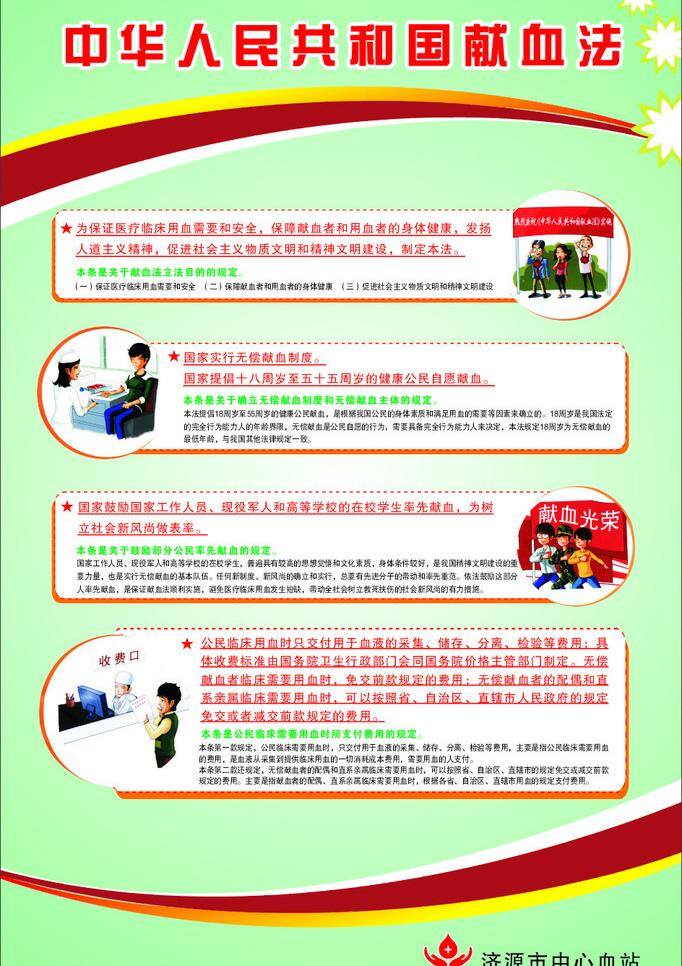 中华人民共和国 献血法 绿色背景 展板模板 献血卡通图案 矢量 其他展板设计