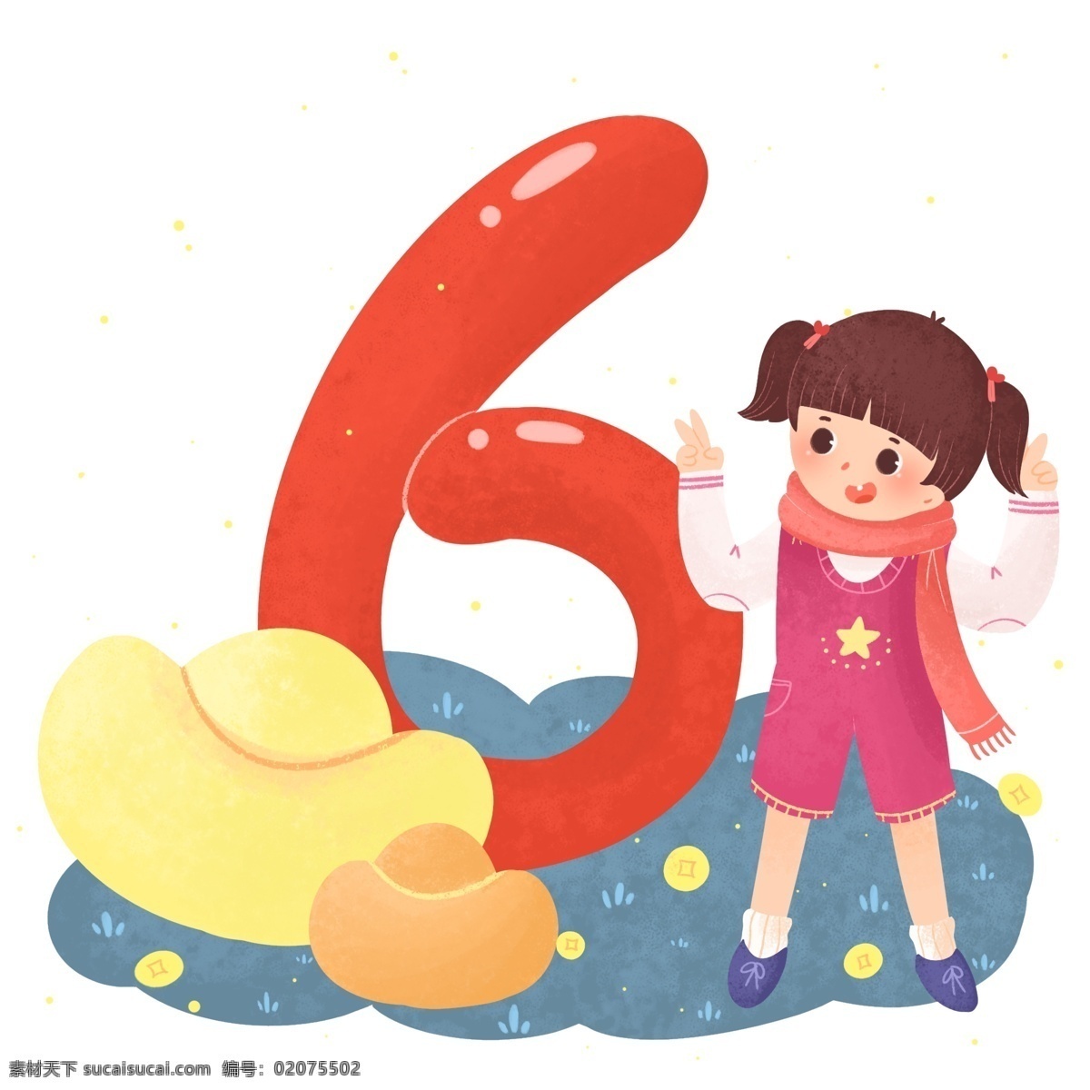 卡通 可爱 2019 跨 年 新年 倒计时 插画 红色 冬天 金币 温馨 跨年 倒计时6 元宝 女孩 温暖 治愈