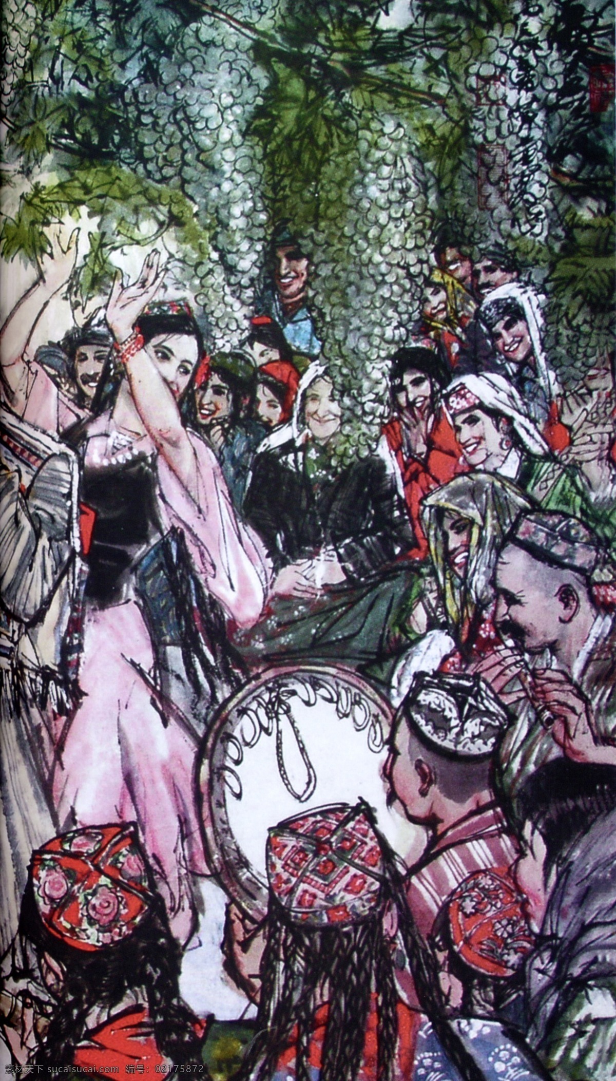 传世名画 丰收 妇女 高兴 姑娘 绘画书法 名画 女郎 黄胄作品 黄胄 中国名画 文化艺术 设计图库 少数民族 女人 农妇 舞蹈 psd源文件