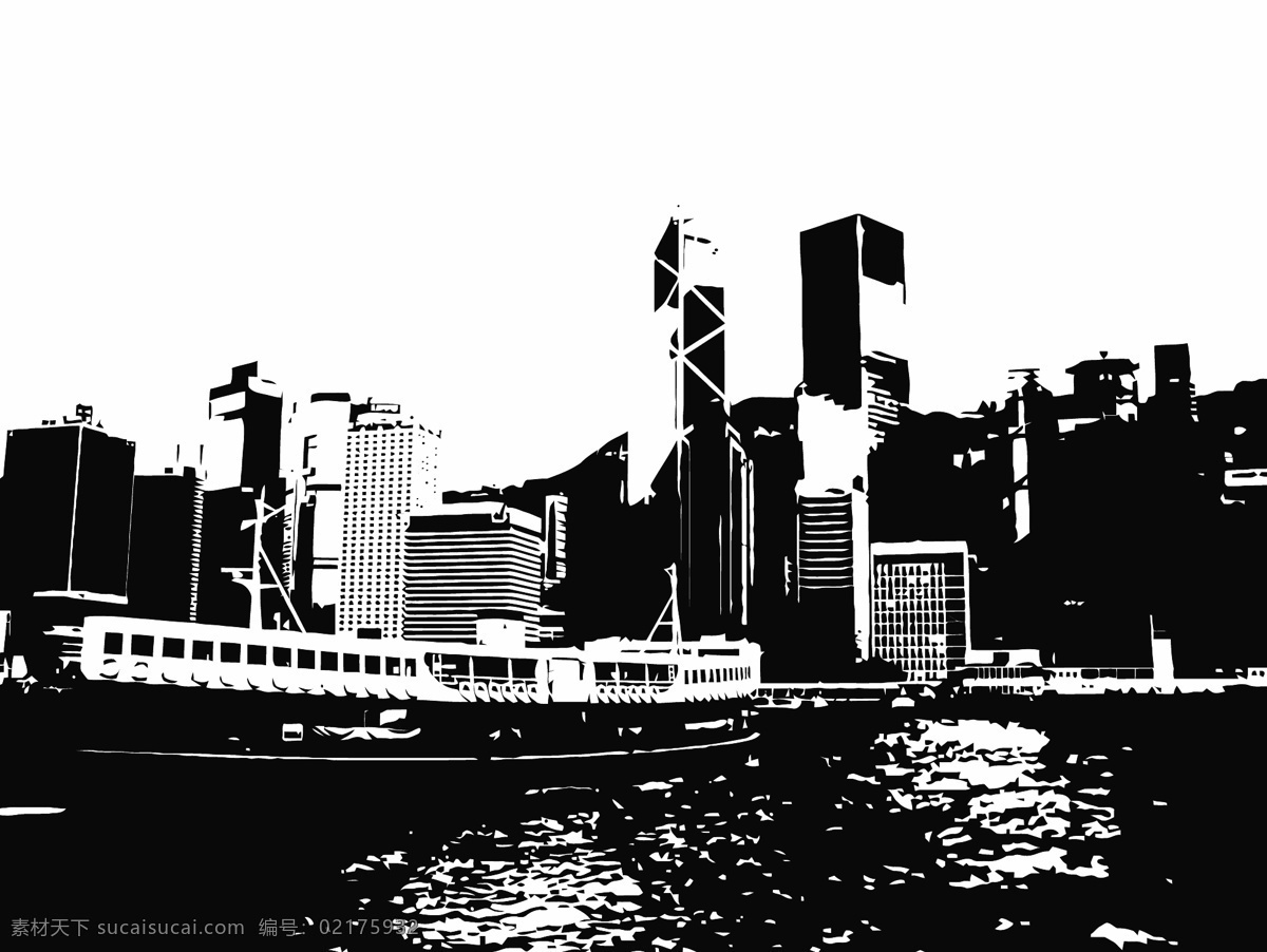城市建筑 港口 建筑家居 香港 城市 剪影 矢量 模板下载 香港城市剪影 高樓 大廈 天際線 渡船 psd源文件