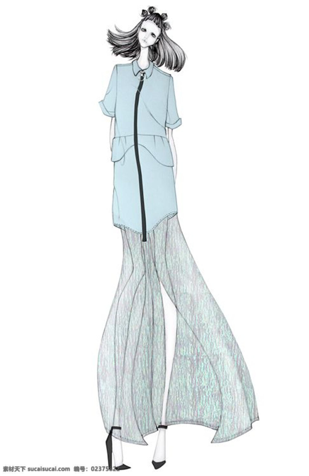 清新 淡 蓝色 连衣裙 女装 效果图 服装设计 服装效果图 蓝色连衣裙 清新风格