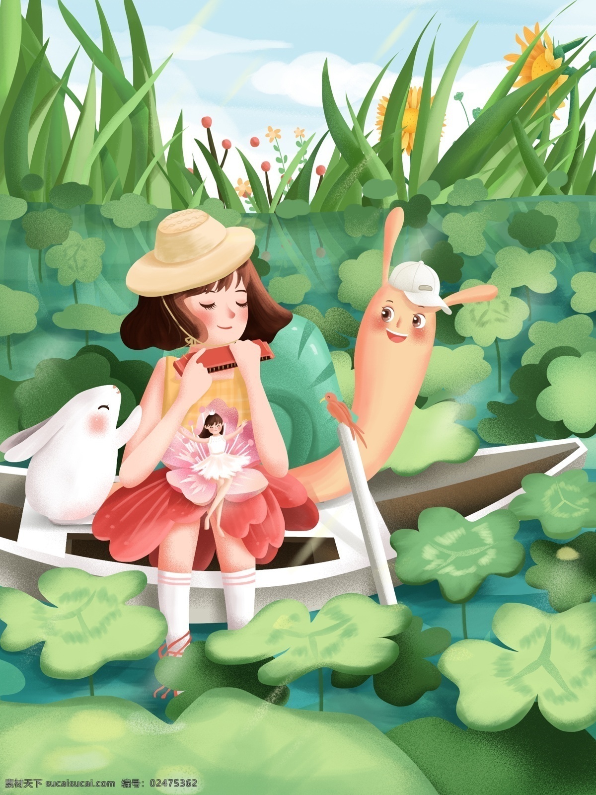 原创 手绘 插画 小 清新 你好 春天 春季 绿色 幸运草 船 女孩 蜗牛 动物 植物 手绘插画 卡通