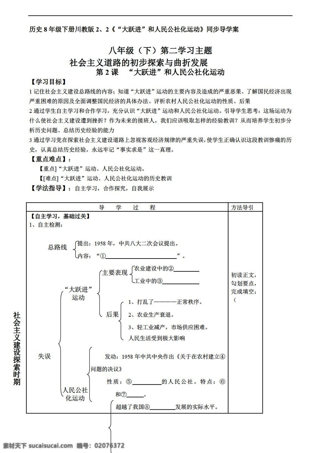 八 年级 下册 历史 大跃进 人民公社化 运动 同步 导 学 案 川教版 八年级下册 学案