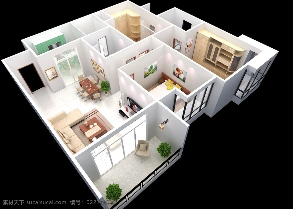 室内 现代 鸟瞰 3d 模型 米粉色沙发 阳台绿色植物 墙体装饰挂画 衣柜家具床 光域网 室内模型 3d设计模型 源文件 max