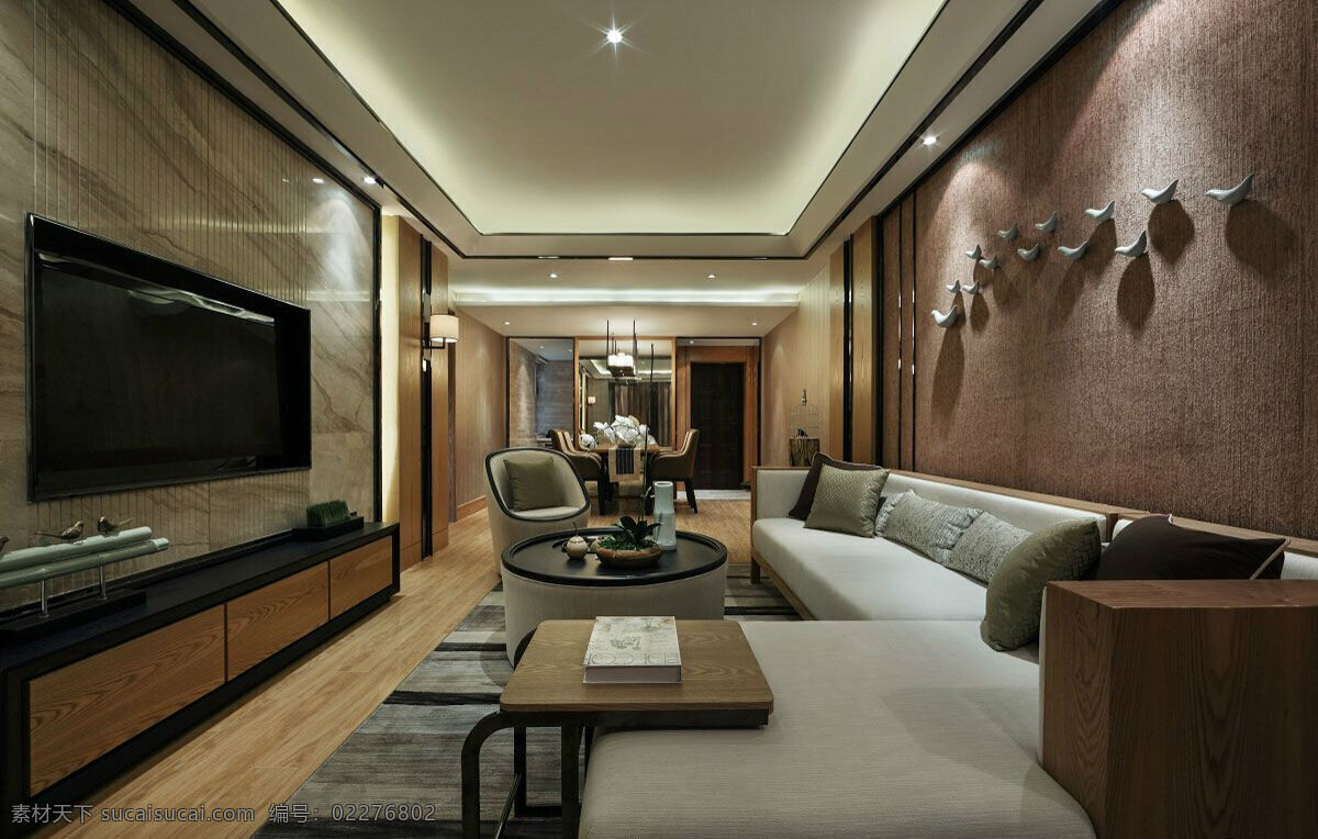 现代 时尚 客厅 褐色 花纹 背景 墙 室内装修 效果图 木地板 浅灰色地毯 客厅装修 圆形玻璃茶几