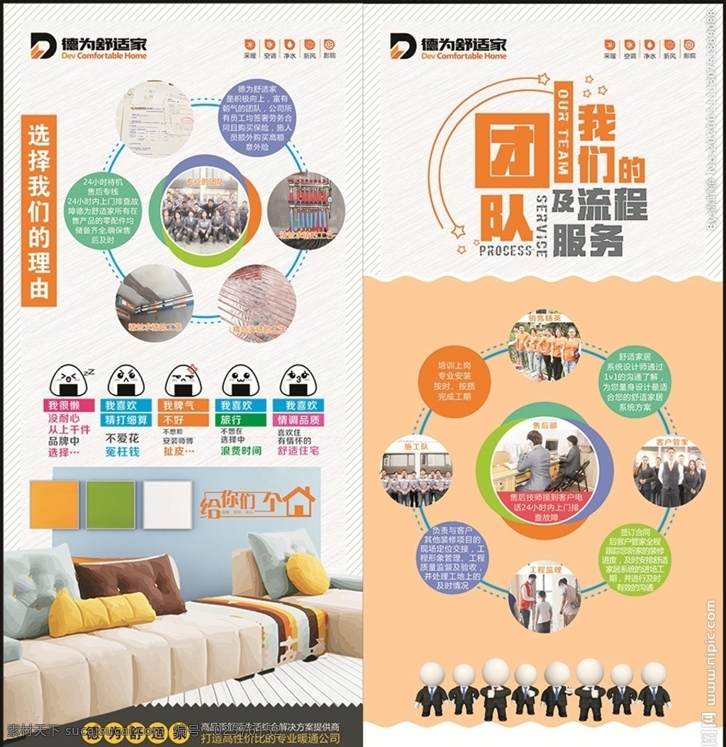 服务流程 展架 选择理由 团队 卡通小人 舒适家 沙发 文字 温暖的家