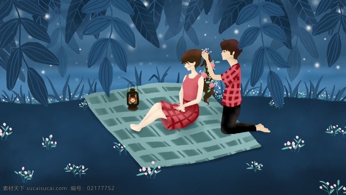 原创 插画 七夕 情人节 夜晚 河边 情侣 七夕情人节 恋爱 伴侣