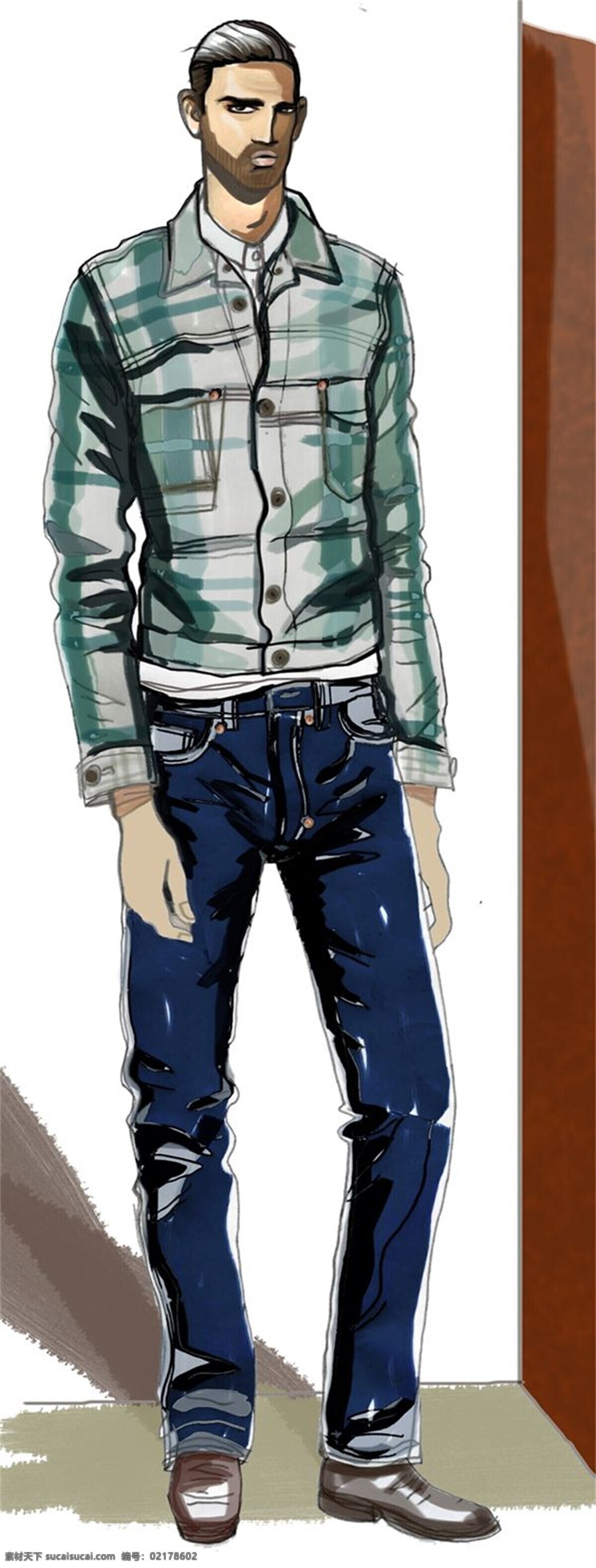 服装设计 服装效果图 蓝色裤子 蓝色腰带 男装 简约 绿色 格子 衬衫 效果图 绿色格子衬衫