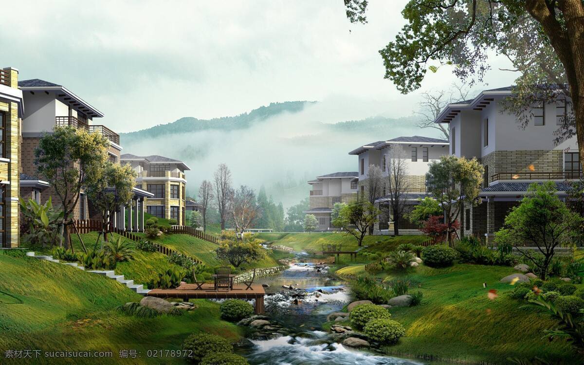 别墅 山水画 生活 现代 小溪 傍水人家 装饰素材 展示设计