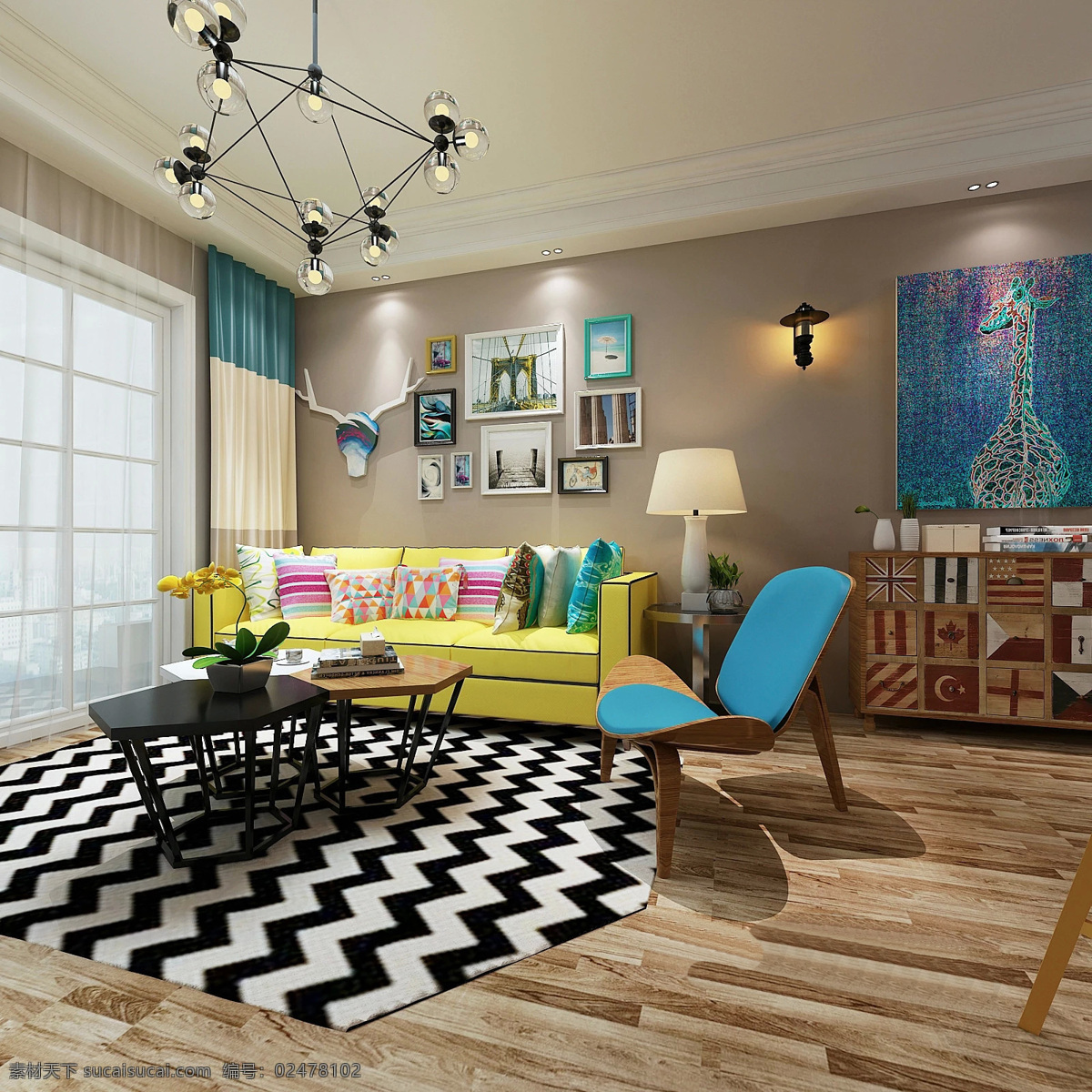 北欧 现代 客厅 照片 墙 效果图 别墅 单人凳子 黄色沙发 家装效果图 欧式 装修 室内设计 条纹地毯 现代装修 照片墙 装修实景图