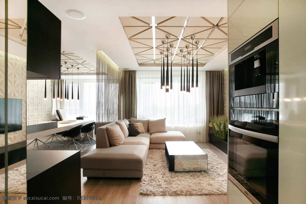 时尚 客厅 褐色 毛毯 室内装修 效果图 客厅装修 木地板 条状吊灯 浅褐色沙发