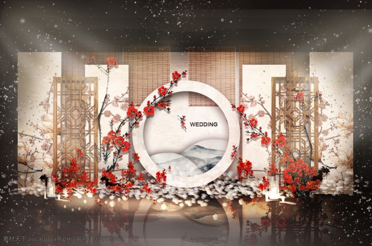中式 婚礼 合影 区 效果图 花瓣 红色 金色 新中式 圆环 草帘 梅花 屏风 层次 水墨画背景 镂空 婚礼合影区 婚礼效果图 中式婚礼
