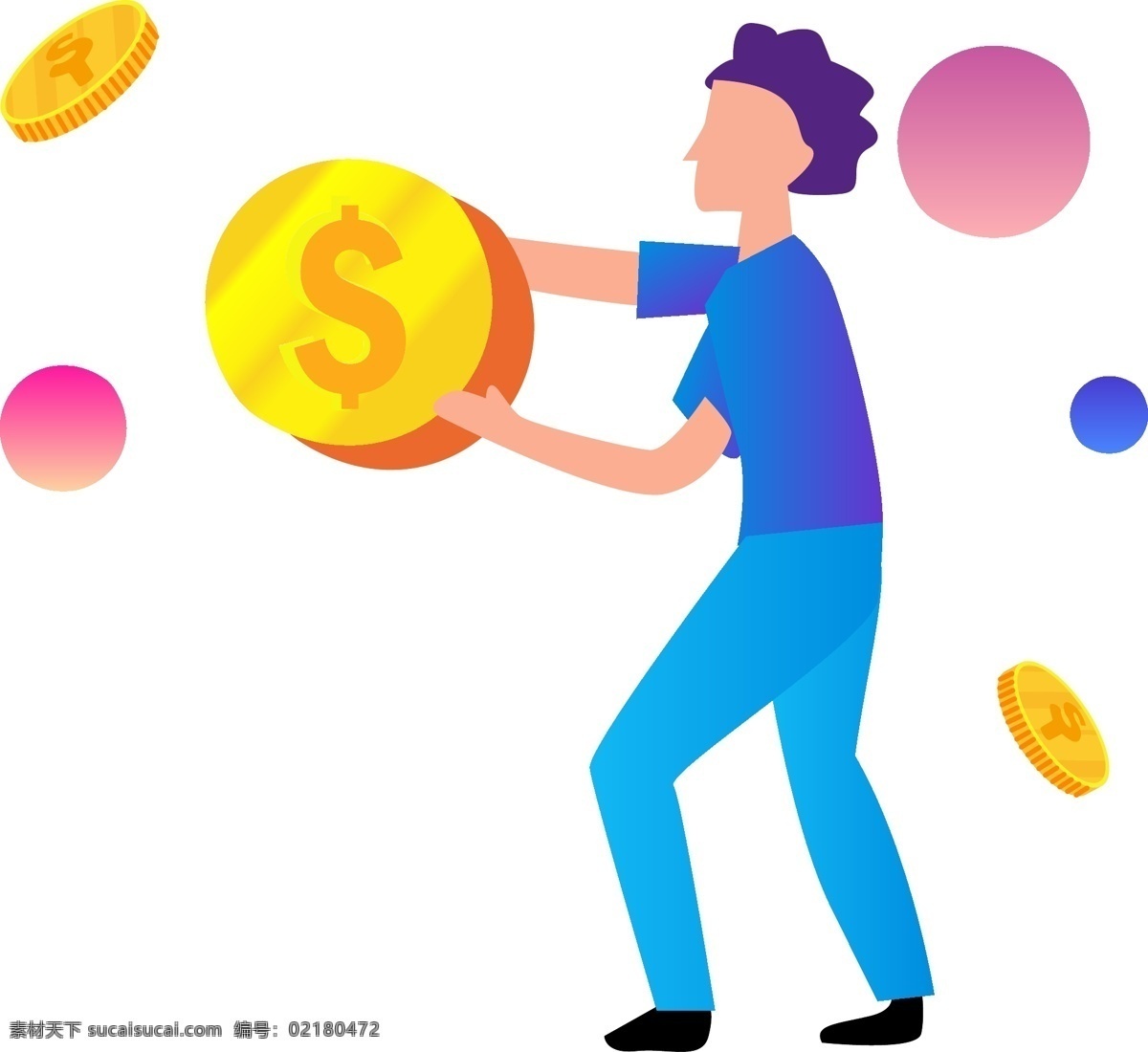 手绘 卡通 抓住 金钱 男人 商用 元素 财富 彩色圆球 漂浮的金钱