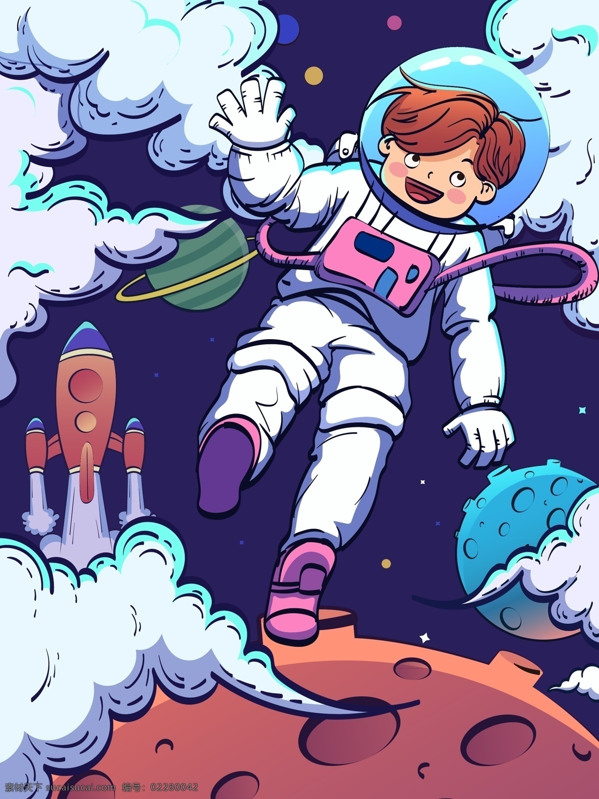 航空航天 日 太空 矢量 插画 航空 航天日 宇航员 描边 火箭 星球 云 潮漫
