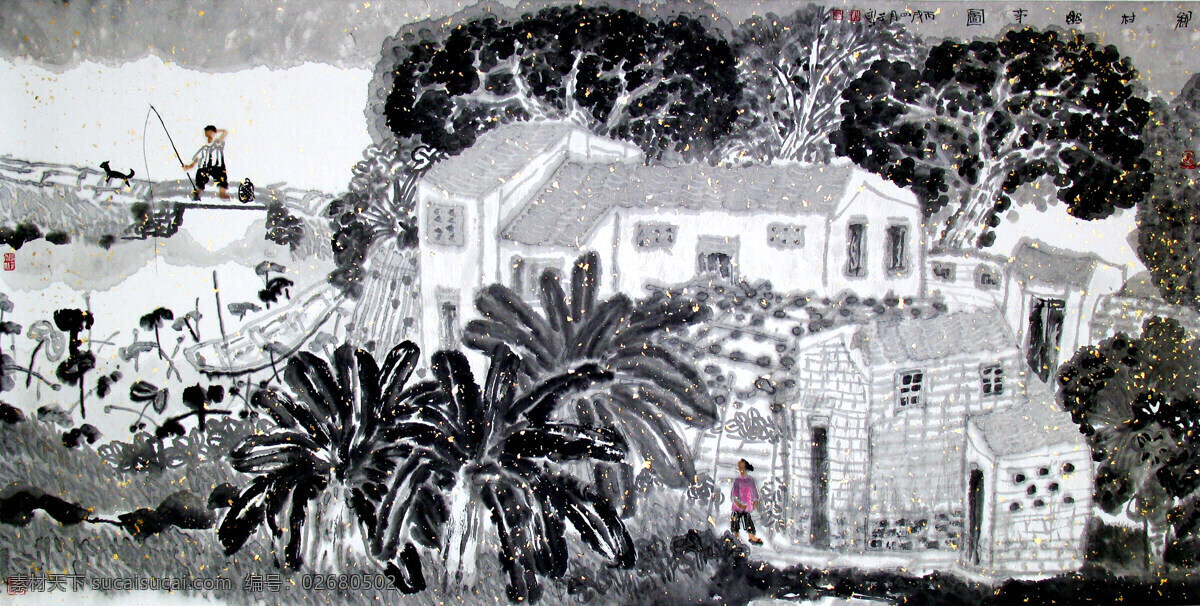 表情 彩墨画 村庄 房屋 风景画 绘画 绘画书法 民居 水乡风情 中国画 水乡 农家 小桥 江流 人物 男人 女人 姿态 庄稼 树木 书法 印章 国画集40 文化艺术 装饰素材 雕刻 图案