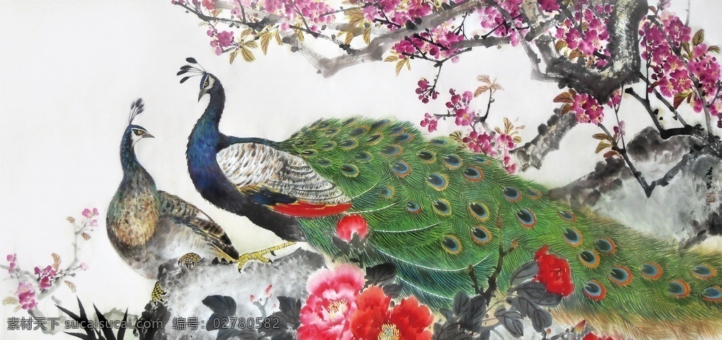 国画 工笔画 写意画 花鸟画 艺术品 收藏 落款 孔雀 富贵吉祥 大气 笔墨情趣 技法 五颜六色 鉴赏 雅俗共赏 皴法 小石头 牡丹花 韵味 绿色 红色 树干画法 羽毛画法 上色 文化艺术 绘画书法
