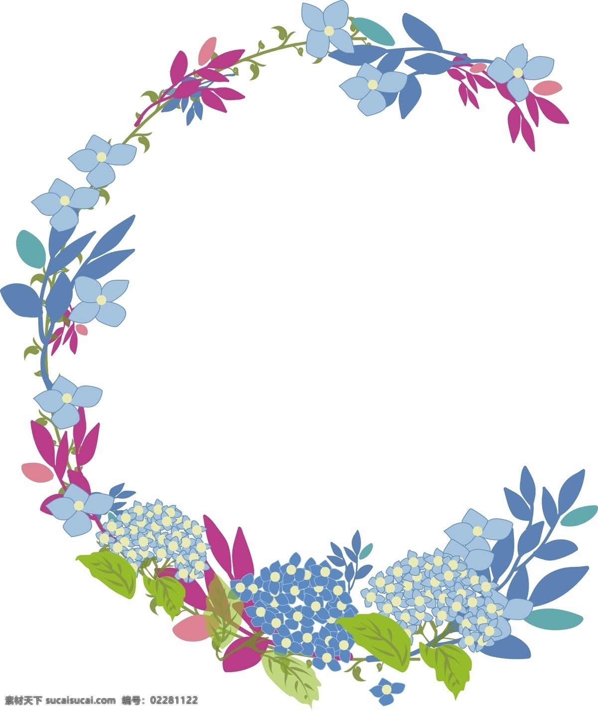 手绘 矢量 半圆形 花环 卡通 蓝色 绿色 粉色 树叶 花朵 藤条 枝条 美丽 清晰 可爱
