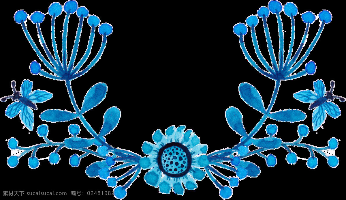 蓝色 植物 花草 装饰 蝴蝶 花朵 花枝 免扣素材 树叶 透明素材 装饰图片