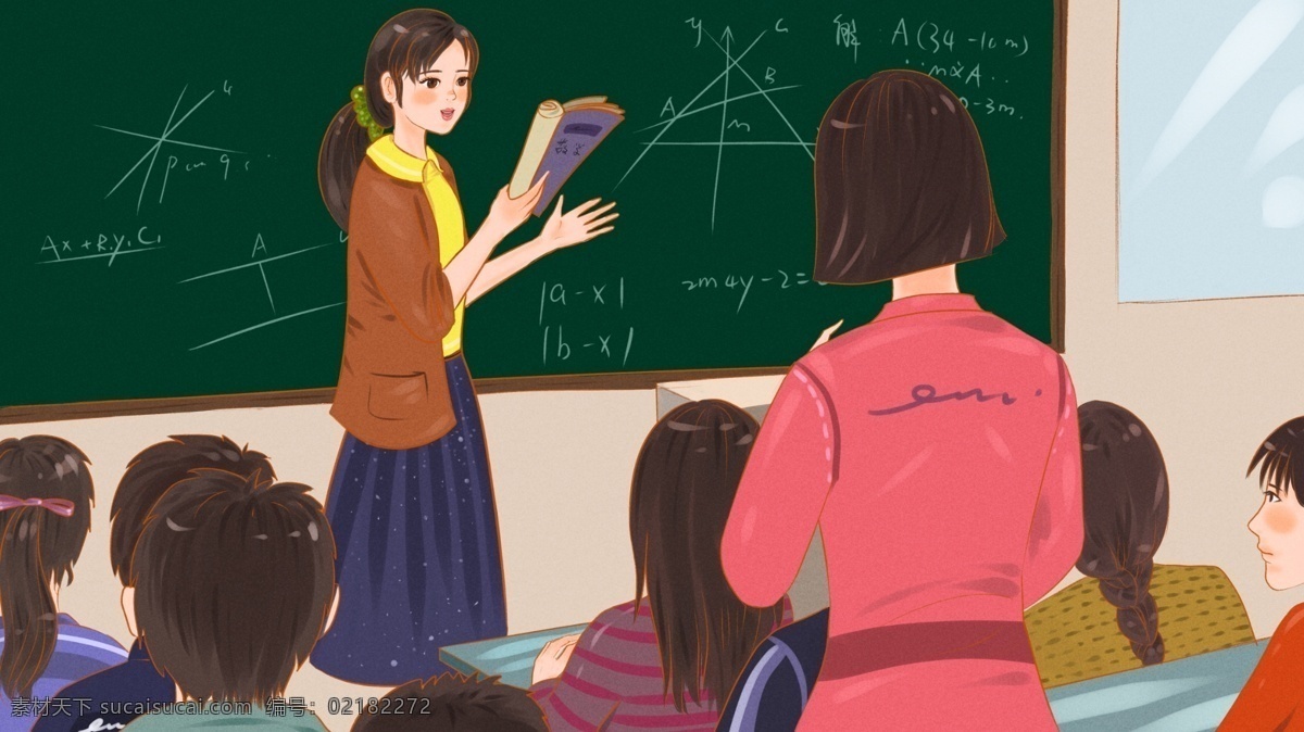 教学 场景 描 写实 上 数学课 老师 同学 上课 黑板 教室 教学场景 描边写实 回答问题 课桌