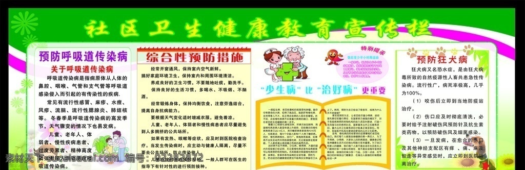 社区卫生 健康教育 宣传栏 卫生宣传 呼吸道疾病 传染病 狂犬病 预防措施 少生病 饭后半小时 室内广告设计