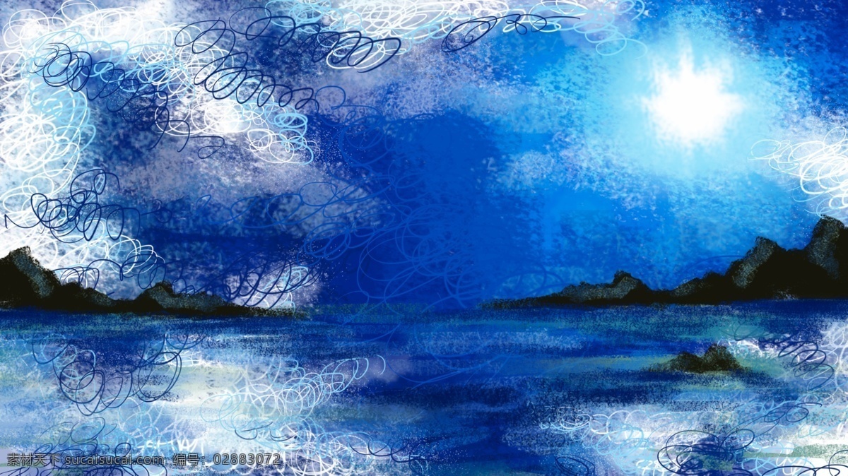 蓝色 唯美 梦幻 小河 背景 背景素材 卡通背景 小河背景 河水背景 插画背景 广告背景 psd背景 手绘背景