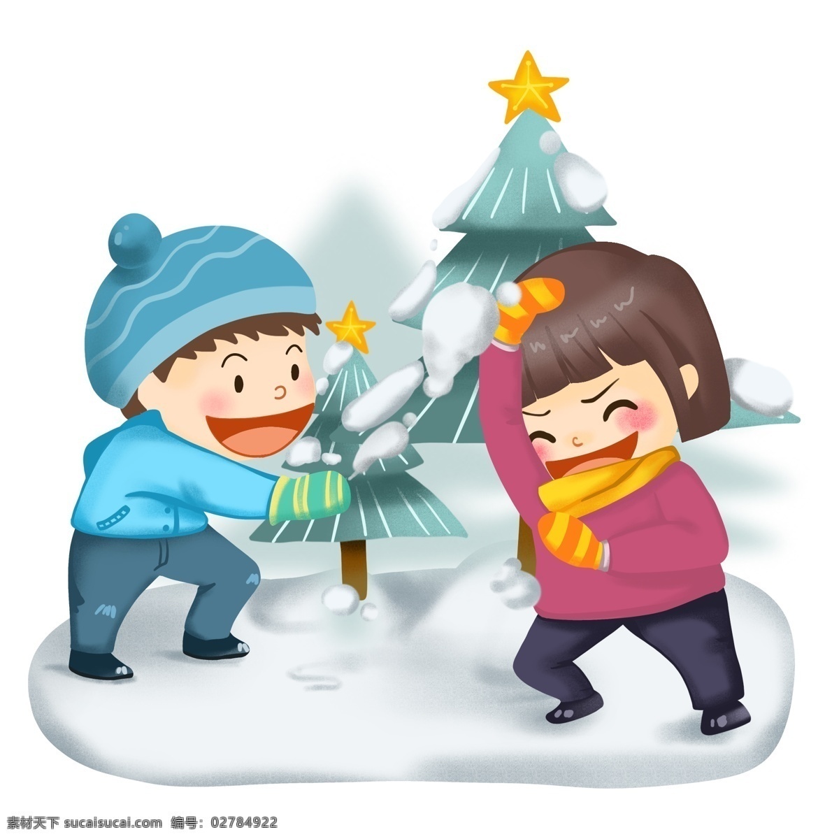 冬季 打雪仗 卡通 儿童 雪景 冬天 嬉戏