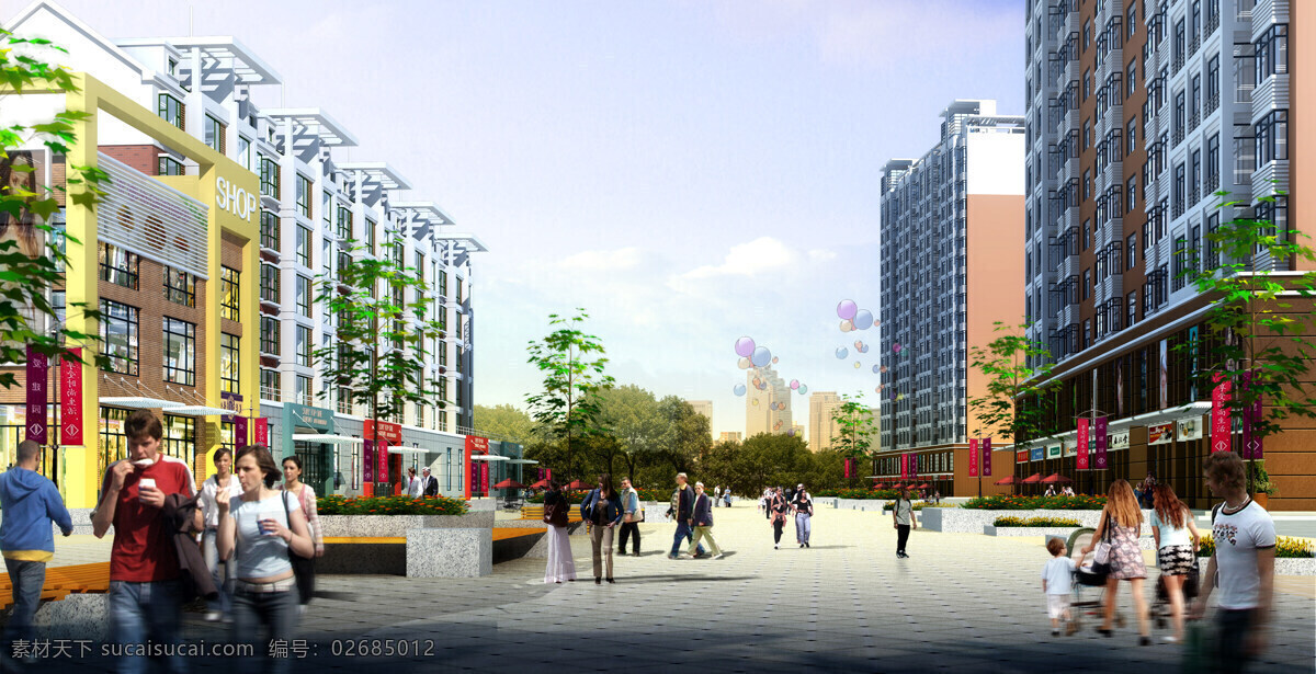 商业街 效果图 车 房地产 环境设计 建筑设计 楼盘 鸟瞰图 人物 商业街效果图