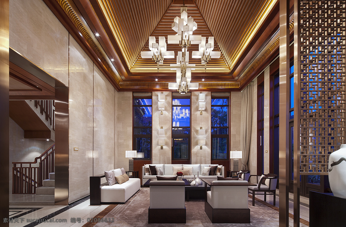 新 中式 时尚 大 户型 客厅 白色 水晶灯 室内装修 图 白色水晶灯 客厅装修 瓷砖背景墙 白色沙发