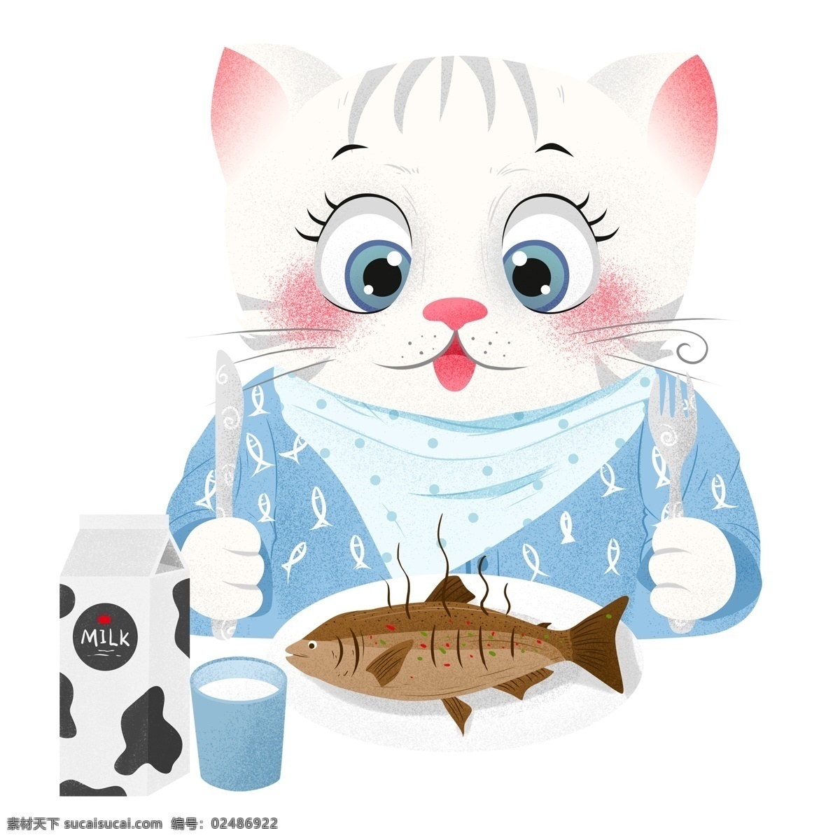 手绘 可爱 小猫 吃 鱼 元素 水彩 白色小猫 透明素材 猫咪 动物 装饰图案 宠物 吃鱼