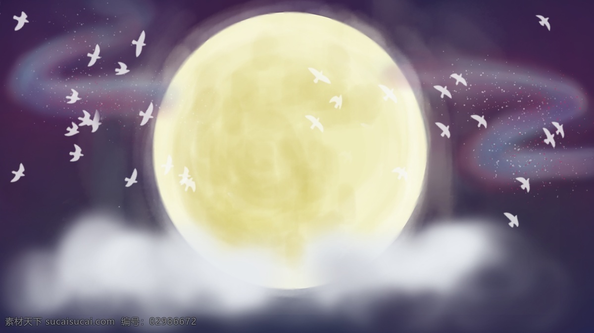 一轮 明月 喜鹊 天空 白云 卡通 背景
