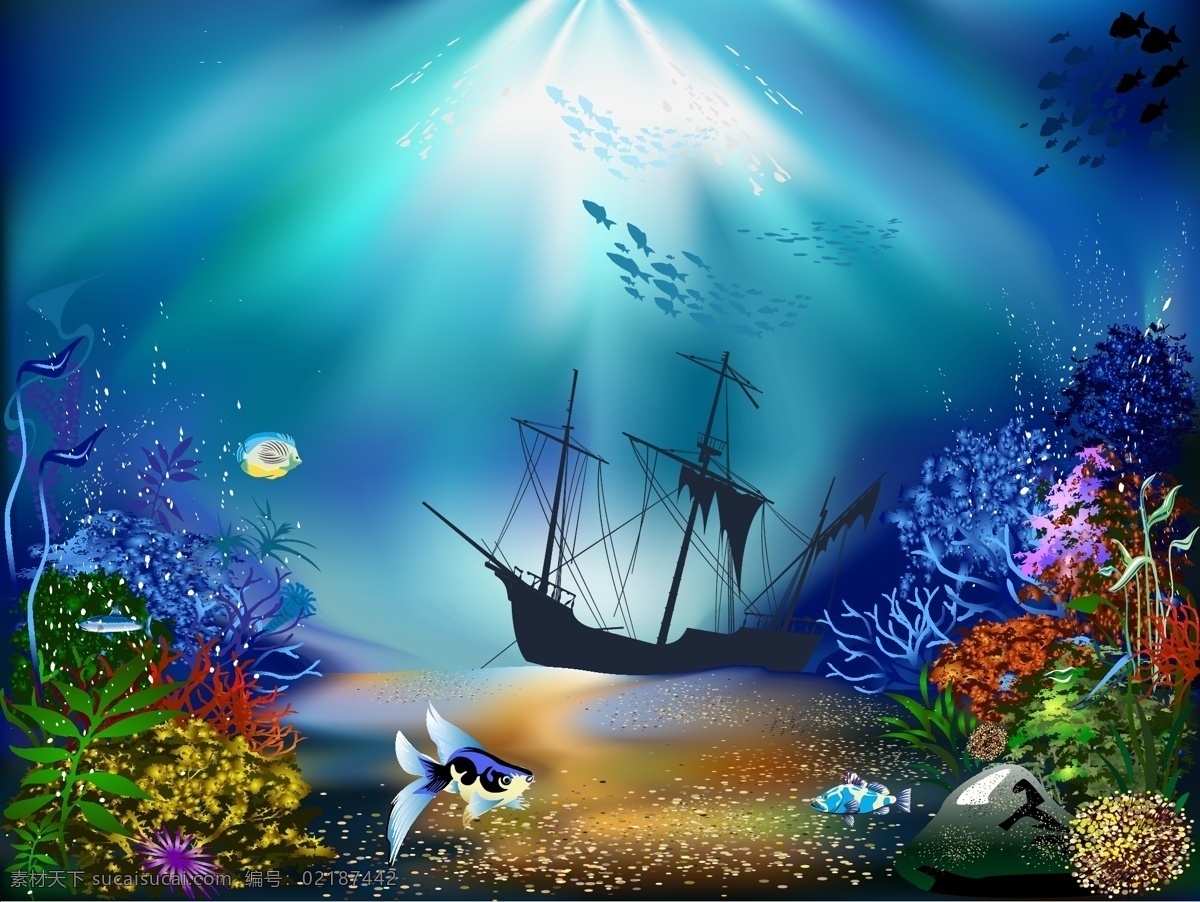 水下 沉船 剪影 背景 轮廓 船舶 丰富多彩的 背景向量 青色 天蓝色