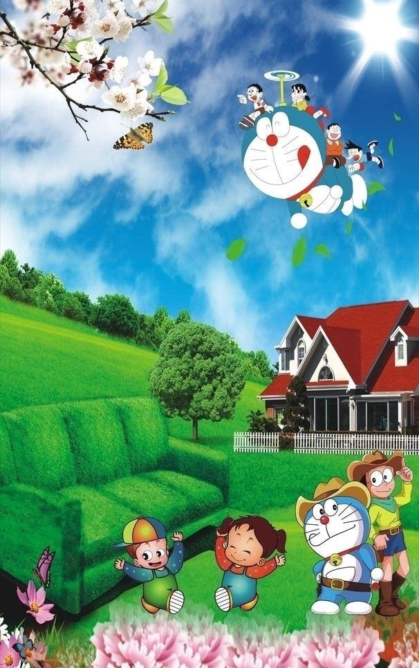 草地 动画人物 多啦a梦 房子 卡通 卡通可爱 卡通人物 卡通设计 小孩子 猫猫 绿色沙发 黑猫警长 矢量 psd源文件