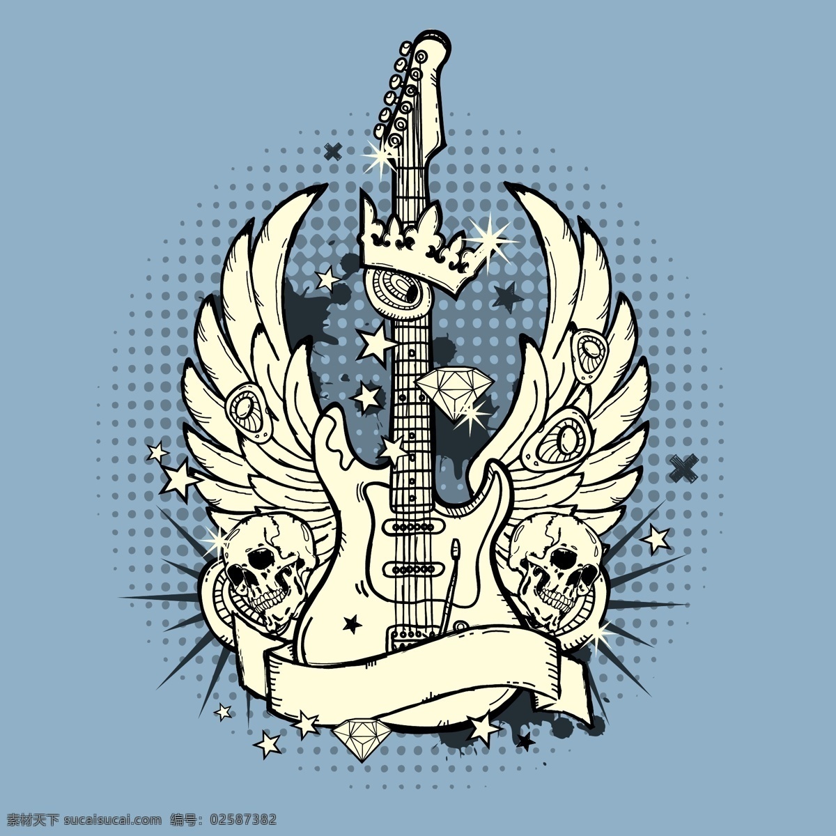 吉他 矢量图 话筒 麦克风 翅膀 双翼 吉他乐器 摇滚音乐 音乐海报 影音娱乐 生活百科 矢量素材 白色